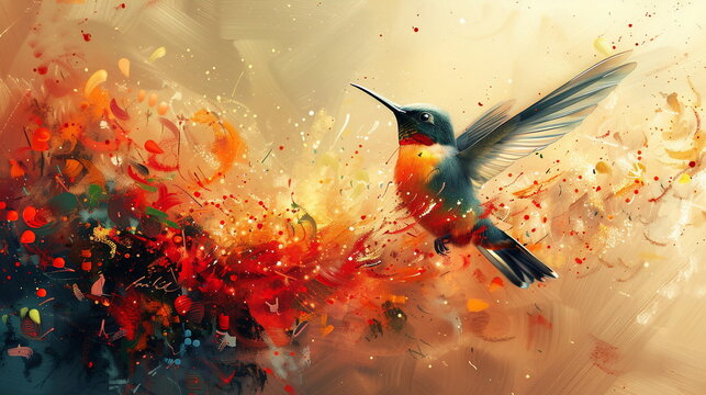 hummingbird flying in the air, the backdrop of abstract paint stains, oil paint
