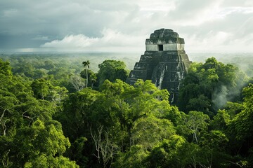 An ancient pyramid rising from the dense jungle in Tikal, Guatemala, AI generated