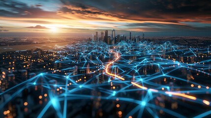 Global network connection, covering the city with lines of innovative perception. The concept of 5G wireless digital communication and the future of the Internet of things.ai generative