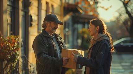 Fototapeta premium Courier in a city street handing over a parcel to a smiling woman on a chilly day. Delivery service