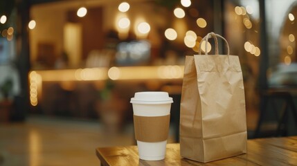 Fototapeta na wymiar White paper cup of hot coffee with craft paper bag mockup in cozy cafe interior