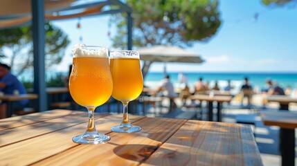 Two craft beers in glass on wooden table at beachside cafe in summer, blue blurred background