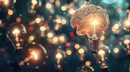 A digital illustration of a brain emitting lightbulbs, representing the idea generation process fueled by smart thinking.