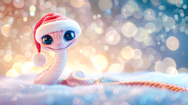 A cute smiling cartoon pink snake with expressive eyes wearing Santa's hat sits next to Christmas gift boxes. Symbol of the 2025 New year funny snake illustration for calendar, greeting card design