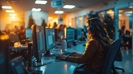 Customer service representative attentively working at a bustling call center during the evening shift.