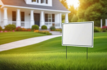 Blank yard sign in green grass on the house background. Yard sign mockup 