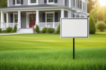 Blank yard sign on green lawn on the house background. Yard sign mockup 