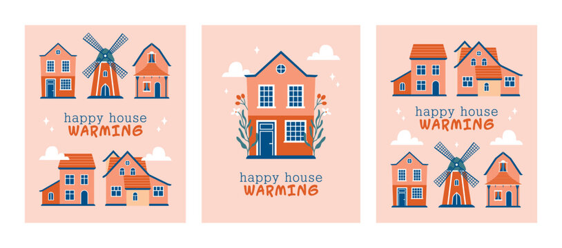 Happy House Warming. Big set of village buildings, houses, windmill. Moving to new home concept. Cute vector buildings in hand drawn flat style. Invitation, card, banner with short phrase, text.