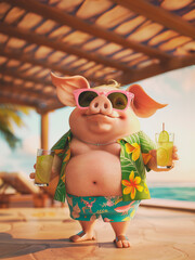 cute anthropomorphic piggy tourist drinking mojito cocktail in the beach