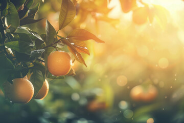 Ripe oranges hanging on the tree on a sunny day, with a nature background and copy space for text - obrazy, fototapety, plakaty