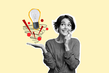 Creative collage picture young pretty curious excited girl guessing idea imagination lightbulb...