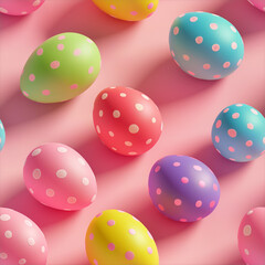 Seamless Easter pattern with colorful polka dot easter eggs on a pink background. Minimal Easter concept