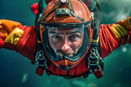 A man wearing a helmet is shown diving into the water. He is fully submerged before resurfacing. The video captures the dive from different angles and depths