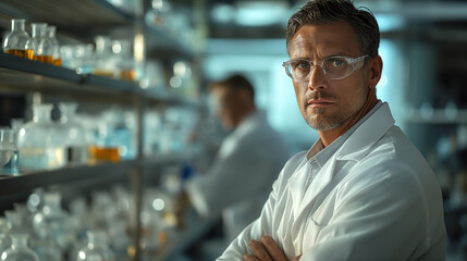 A middle-aged doctor in a medical gown stands in the laboratory, nearby there are medical and chemical test tubes and jars