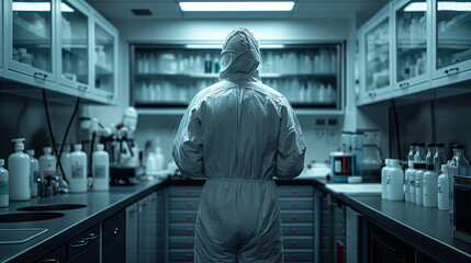 a doctor in full chemical and antiviral protection stands with his back in the laboratory, red covid zone