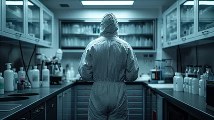 Ingelijste posters a doctor in full chemical and antiviral protection stands with his back in the laboratory, red covid zone © Darya