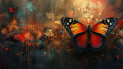 Butterfly Alighting on a Vibrant Painting,  backdrop of abstract paint stains, - obrazy, fototapety, plakaty