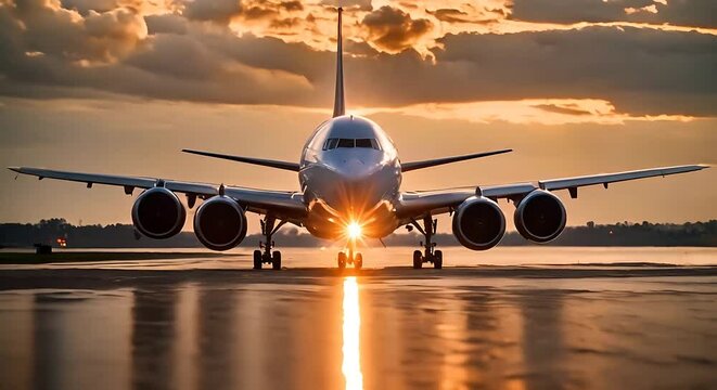 A large commercial jetliner is stationary on an airport runway, awaiting clearance for takeoff or disembarkation of passengers.