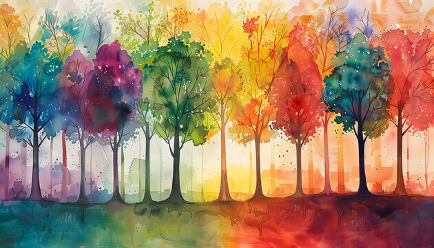 The beauty of nature is showcased with this vibrant horizontal panorama, showcasing a colorful illustration of trees rendered in mesmerizing watercolor art