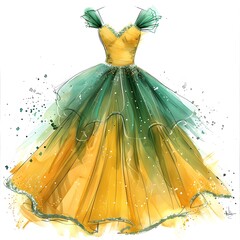 emerald green tulle and glitter dress with a detailed design on a white background