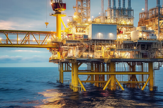 An offshore oil rig stands majestically above the ocean waters at dusk, with its complex structure illuminated by lights against the twilight sky.