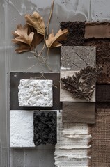 moodboard with color swatches in various shades of dark brown, grey and black for interior design. Creative flat lay composition with samples, panels and tiles. Stylish interior designer moodboard. .