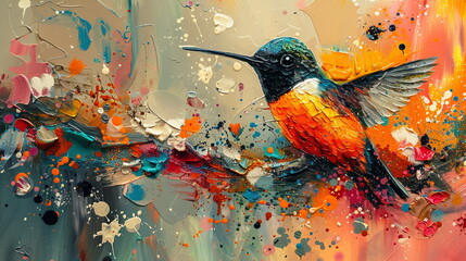 oil painting of a bird, hummingbird flying in the air, the backdrop of abstract paint stains, oil paint