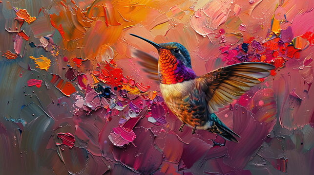 oil painting of a bird, hummingbird flying in the air, the backdrop of abstract paint stains, oil paint