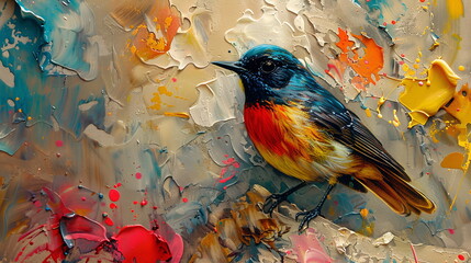 Fototapeta premium oil painting of a bird, hummingbird flying in the air, the backdrop of abstract paint stains, oil paint