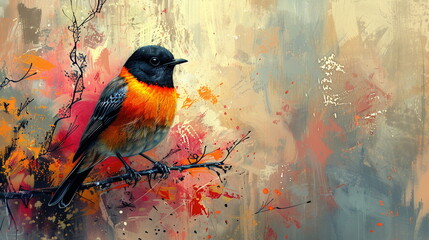 oil painting of a bird, hummingbird flying in the air, the backdrop of abstract paint stains, oil...
