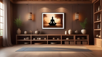 The interior of a cozy yoga room in brown tones.
