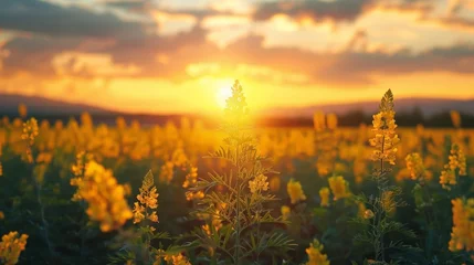 Fotobehang Yellow flowers field at sunset © 2rogan