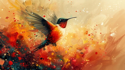 oil painting of a bird, Vibrant hummingbird flying in the air, the backdrop of abstract paint stains, oil paint - Powered by Adobe