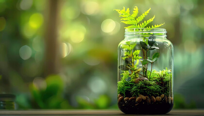 Ecosystem in a jar with soil, moss and fern. Generative ai design concept.