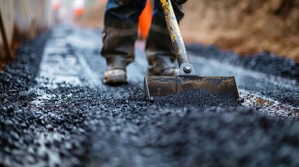 A close view of a construction worker laying down asphalt