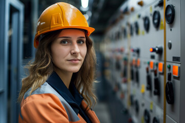 A confident woman wearing a hard hat and safety vest stands in front of an industrial control panel with gauges and switches.