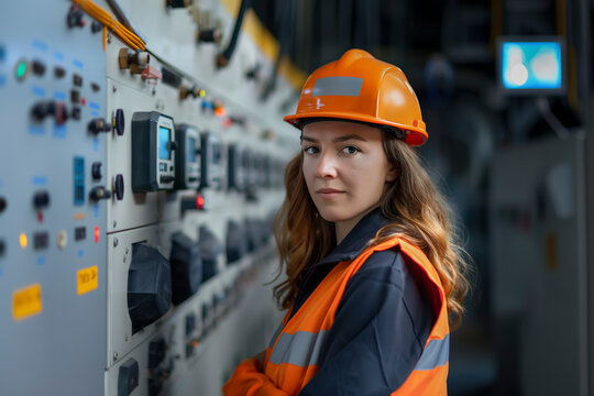 A female engineer wearing an orange hard hat and reflective vest stands confidently beside an industrial control panel with gauges and switches.