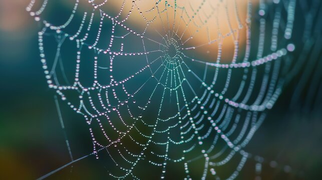 Dewdrops clinging to a spiders web in the early morning light