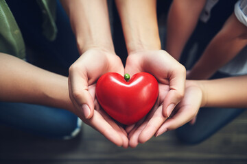 Group of hands holding red heart, health care, love, organ donation, family insurance and CSR concept
 - obrazy, fototapety, plakaty