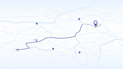 Location tracker dashboard with data of arrive time. City street road with pins on map and alternative ways. Isometric street roads and location, vector background. Huge city top view.