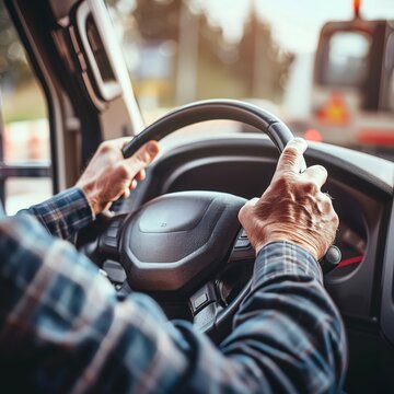 The hands of a truck driver steering a freight vehicle
