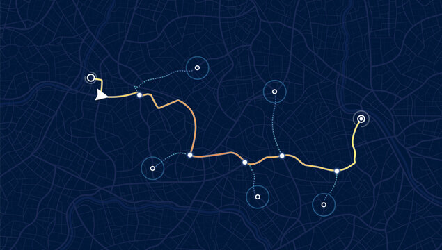 Navigation system showing a tracking navigation. Track navigation pin on street maps, navigate mapping locate position pin. Vector illustration,