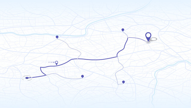 Location tracker dashboard with data of arrive time. City street road with pins on map and alternative ways. Isometric street roads and location, vector background. Huge city top view.
