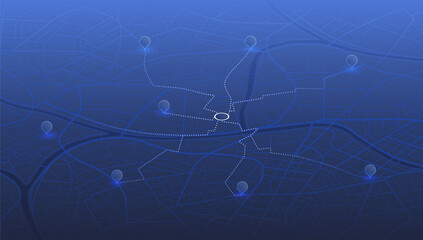 Isometric city urban roads and streets abstract map downtown district map. Highlights points of interest and roads to location marker. Vector illustration