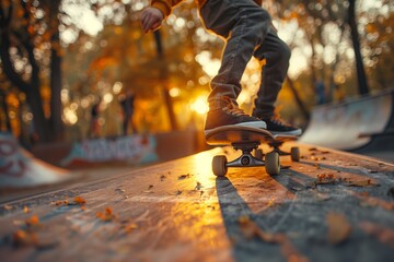 Skateboarder at sunset in autumn skatepark
