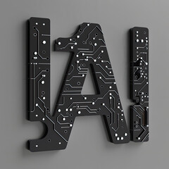circuit board in the shape of the letter AI, black anodized metal chassis for circuit board next to AI, cyber logo
