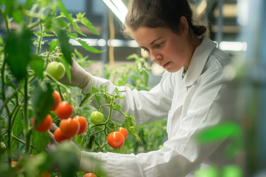 A focused individual in a white lab coat tends to growing tomatoes in an indoor garden or greenhouse setting. - Powered by Adobe