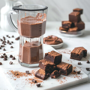 Chocolate smoothie on blender and glass with Chocolate brownies on a table countertop, white background