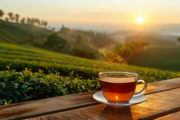 cup of hot tea on wooden table with tea plantation on sunset as background - obrazy, fototapety, plakaty
