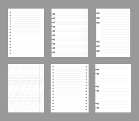 Set of notebook sheets isolated on gray background. Realistic white blanks of lined paper. Different vertical pages from diary. Vector template.